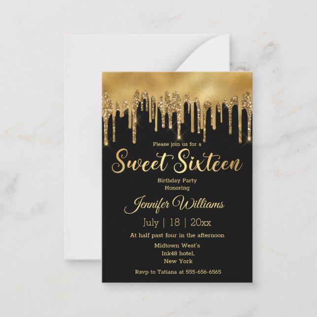 chic sweet 16 black golden multi dripping glitters note card (Front)
