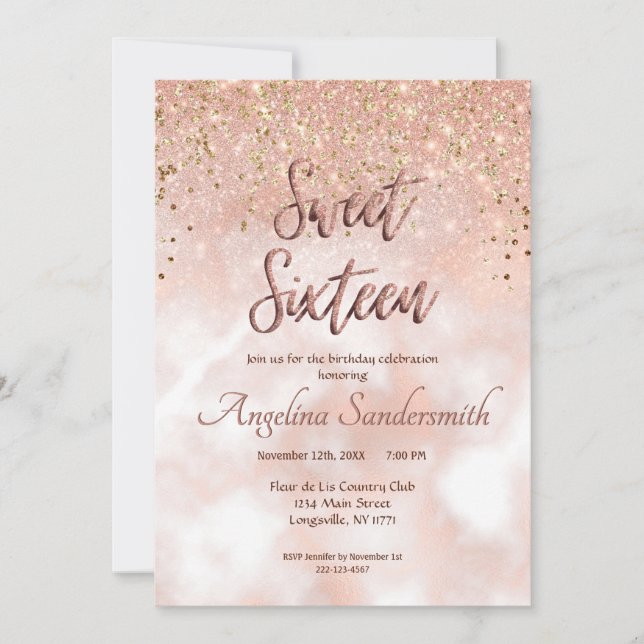 Chic Sweet 16 Blush Pink Rose Gold Glitter Invitation (Front)