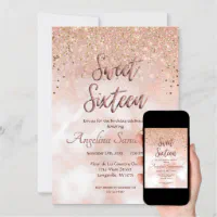 Modern rose gold glitter ombre photo Sweet 16 rsvp Tri-Fold Invitation, Zazzle