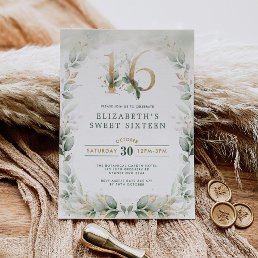 Chic Sweet 16 Botanical Greenery Gold Birthday Invitation