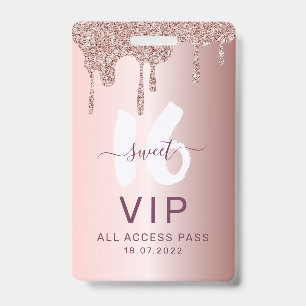 Chic Sweet 16 Glitter Pink VIP Birthday Invitation Badge