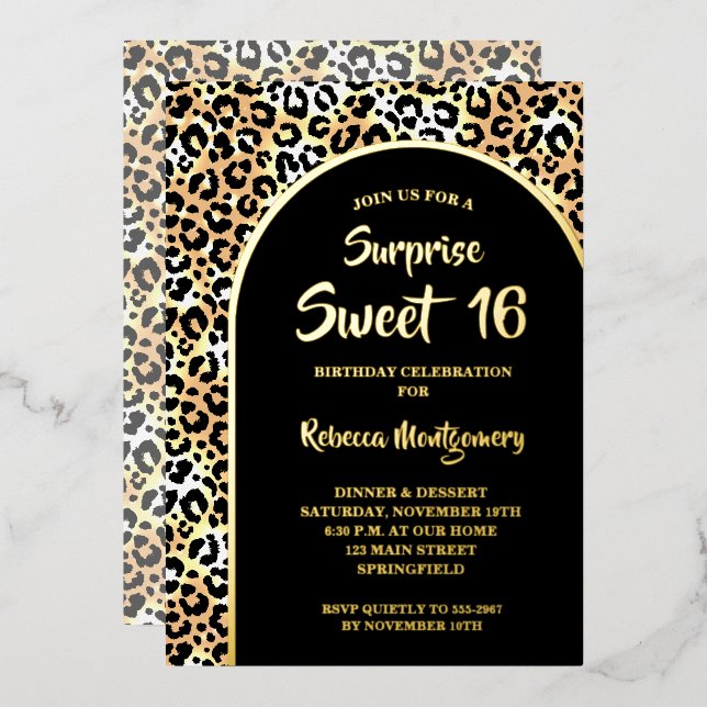 Chic Sweet 16 Leopard Print Birthday Gold Foil Invitation (Front/Back)