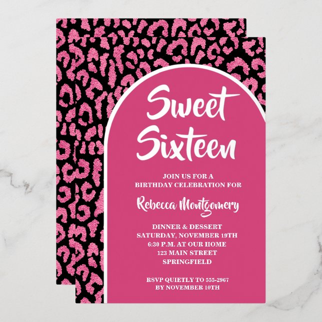 Chic Sweet 16 Leopard Print Birthday Silver Foil Invitation (Front/Back)