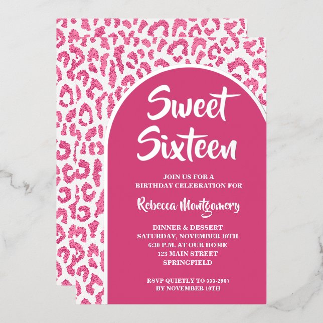Chic Sweet 16 Leopard Print Birthday Silver Foil Invitation (Front/Back)