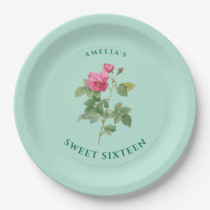 Chic Sweet 16 Mint Green Floral Botanical Paper Plates