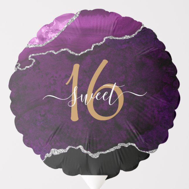 Chic Sweet 16 Purple Gold Agate Custom Name Balloon (Front)