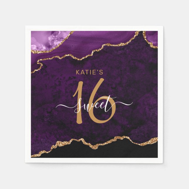 Chic Sweet 16 Purple Gold Agate Custom Name Party Napkins (Front)