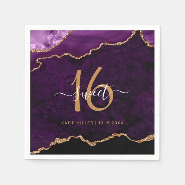 Chic Sweet 16 Purple Gold Agate Custom Name Party Napkins (Front)