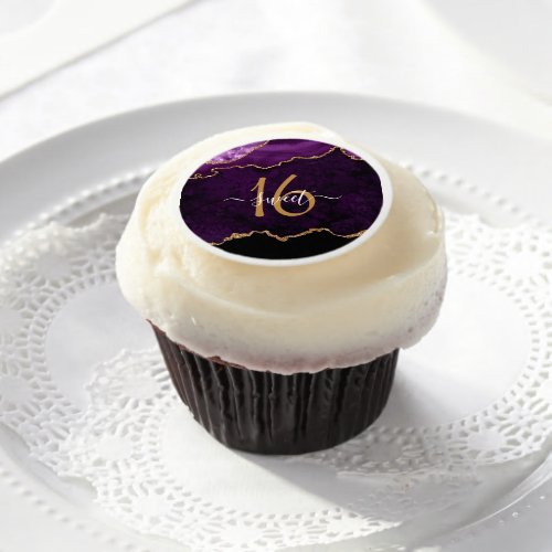 Chic Sweet 16 Purple Gold Glitter Agate Party Edible Frosting Rounds