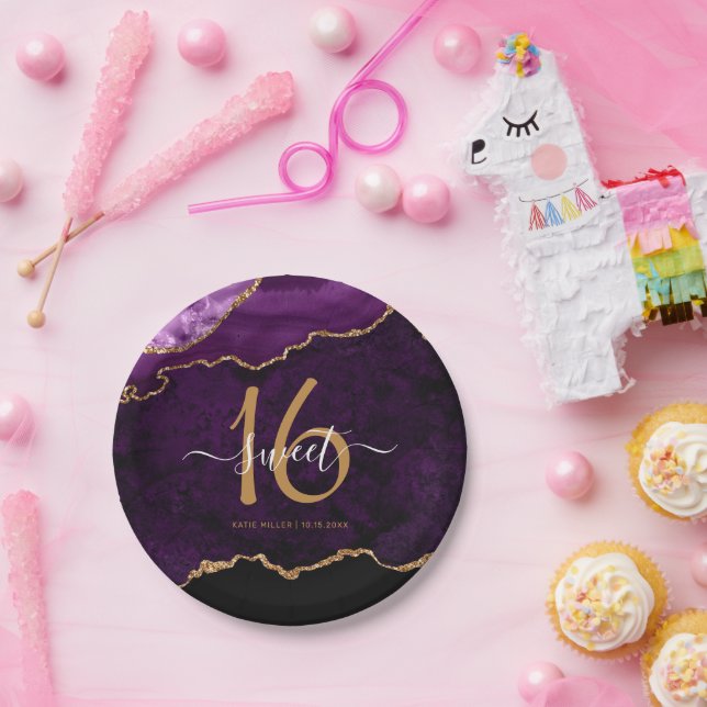 Chic Sweet 16 Purple Gold Glitter Agate Party Paper Plates (Party)