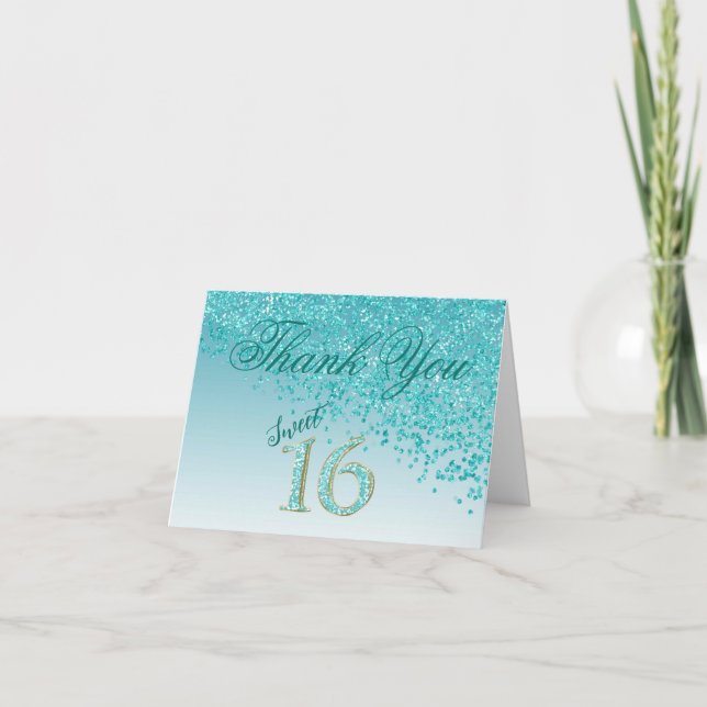 Chic Sweet 16 Teal Blue Glitter Thank You (Front)