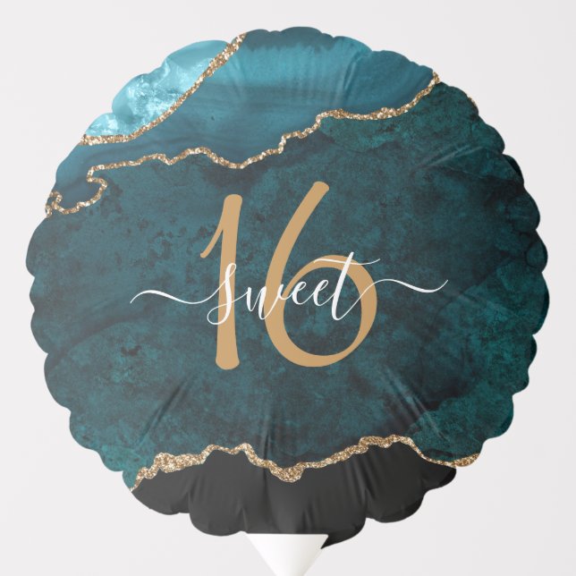 Chic Sweet 16 Teal Gold Agate Custom Name Balloon (Front)