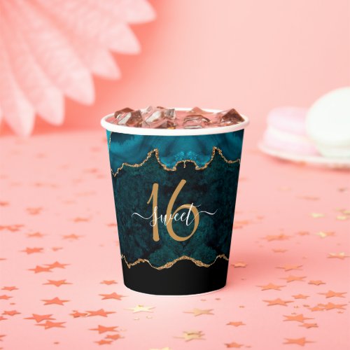 Chic Sweet 16 Teal Gold Agate Party Paper Cups