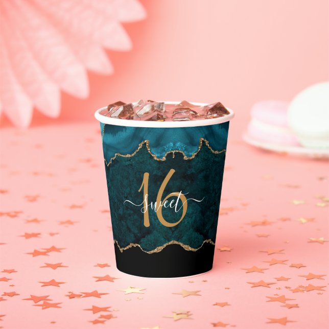 Chic Sweet 16 Teal Gold Agate Party Paper Cups (Insitu)