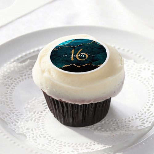 Chic Sweet 16 Teal Gold Glitter Agate Party Edible Frosting Rounds