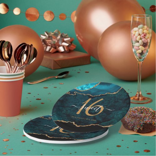 Chic Sweet 16 Teal Gold Glitter Agate Party Paper Plates