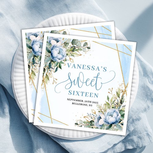 Chic Sweet 16th Dusty Blue and Gold Glitter Napkin