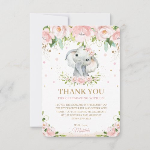 Chic Sweet Elephant Blush Pink Floral 1st Birthday Thank You Card