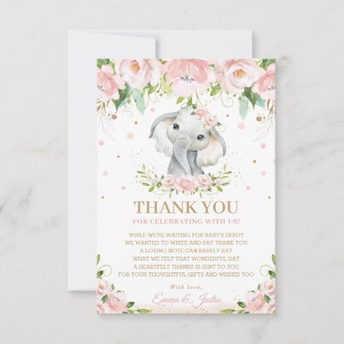 Chic Sweet Elephant Pink Floral Baby Shower Thank You Card