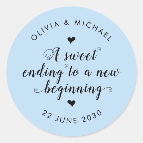 Chic Sweet Ending New Beginning Wedding Dusty Blue Classic Round Sticker
