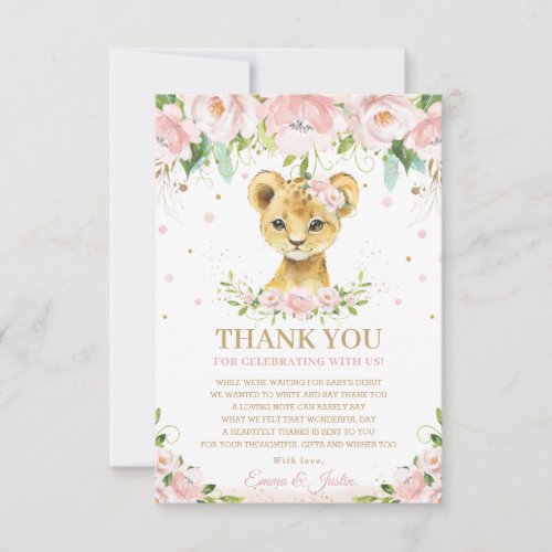 Chic Sweet Lion Blush Pink Floral Baby Shower Thank You Card