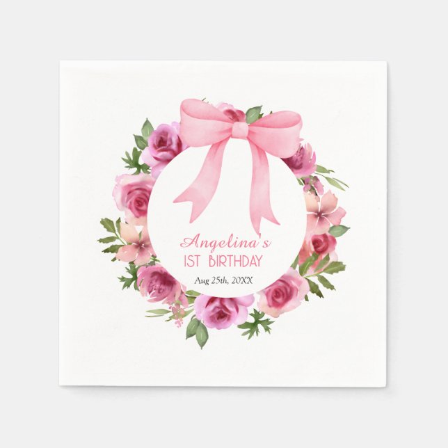 Chic Sweet Pink Bow Rose Floral Birthday Napkins (Front)