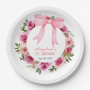 Chic Sweet Pink Bow Rose Floral Birthday Paper Plates