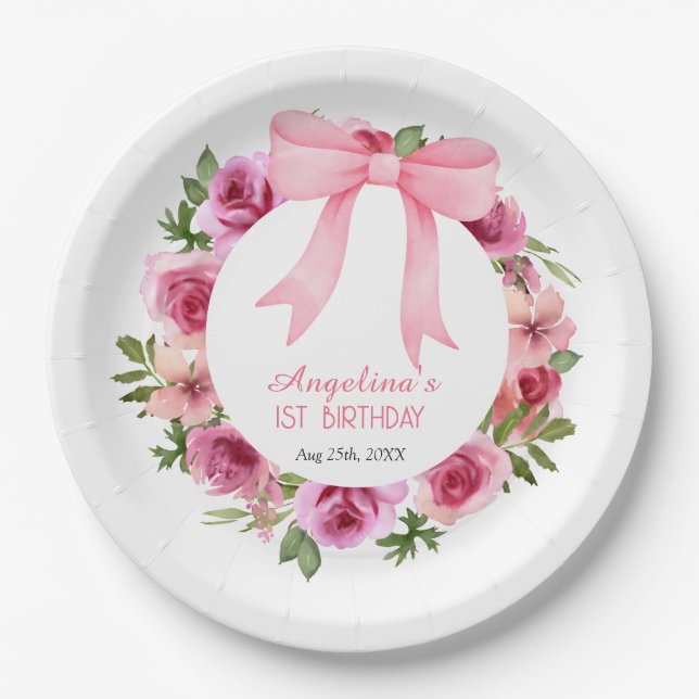 Chic Sweet Pink Bow Rose Floral Birthday Paper Plates (Front)