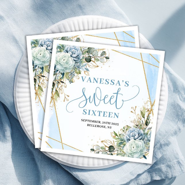 Chic Sweet Sixteen Blue and Gold Floral Table  Paper Dinner Napkins (Chic Sweet Sixteen Blue and Gold Floral Table Paper Dinner Napkins)