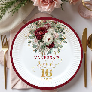 Chic Sweet Sixteen Blush Burgundy Floral Plates