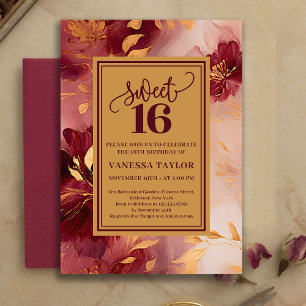 Chic Sweet Sixteen Burgundy Roses Gold Invitation