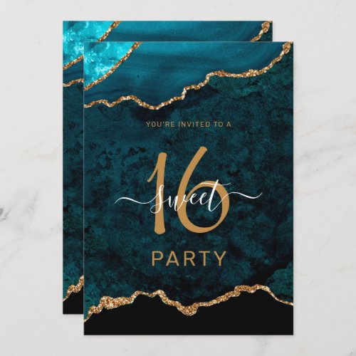 Chic Sweet Sixteen Teal Gold Agate Party Invitation