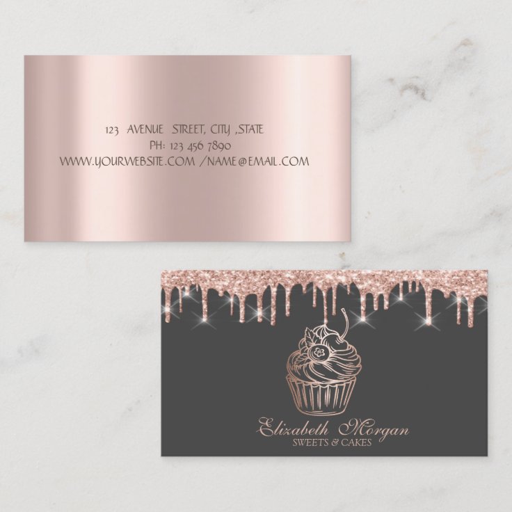 Chic Sweets Cupcake Rose Gold Drips Bakery Business Card | Zazzle