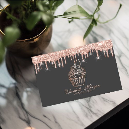 Chic Sweets Cupcake Rose Gold Drips Bakery Business Card