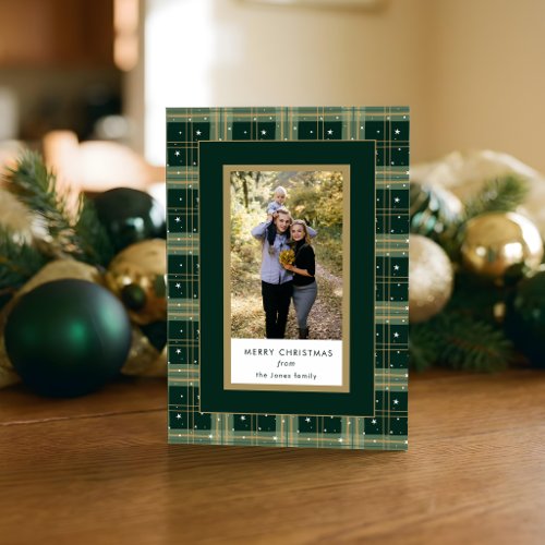 Chic Tailored Green/Gold Christmas Plaid Photo Holiday Card