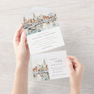 Chic Tampa Florida Skyline Watercolor Wedding All In One Invitation