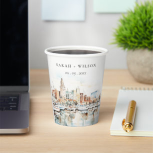 Chic Tampa Florida Skyline Watercolor Wedding Paper Cups
