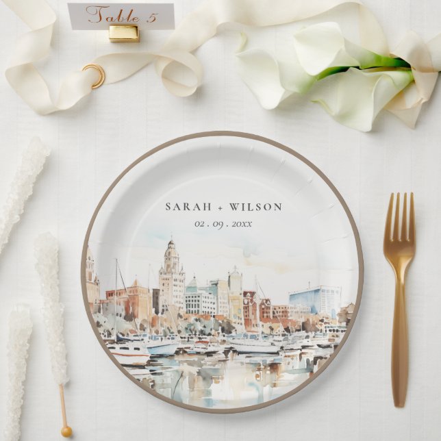 Chic Tampa Florida Skyline Watercolor Wedding Paper Plates (Wedding)