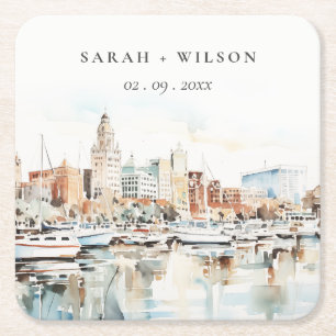 Chic Tampa Florida Skyline Watercolor Wedding Square Paper Coaster
