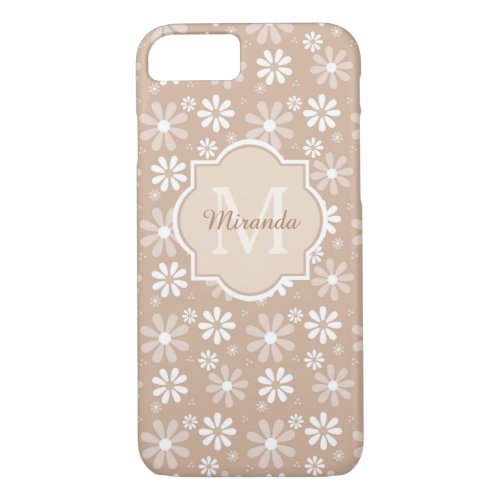 Chic Tan Daisy Flowers Monogram and Name iPhone 87 Case
