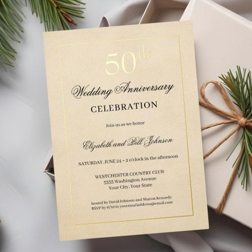 Chic Tan Gold Foil 50th Wedding Anniversary Holiday Card