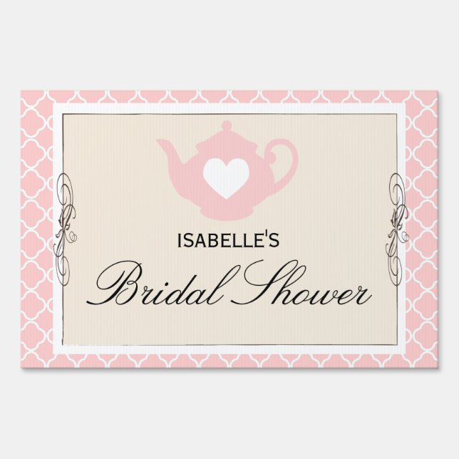 Chic Tan & Pink Teapot Bridal Shower Tea Party Yard Sign (Front)