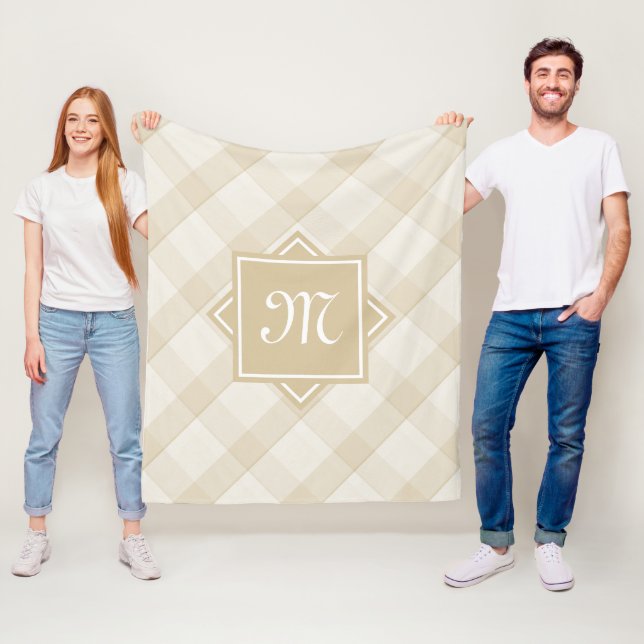 Chic Tan Plaid With Modern Diagonal Monogram Fleece Blanket (In Situ)