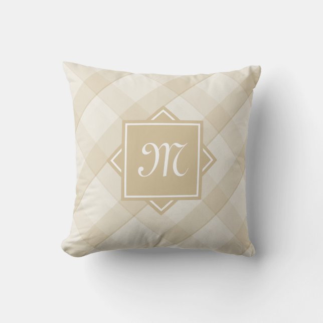 Chic Tan Plaid With Modern Diagonal Monogram Throw Pillow (Front)