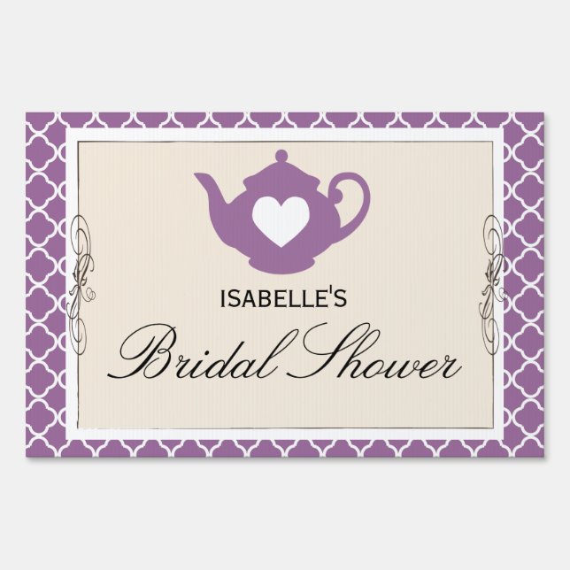 Chic Tan & Purple Teapot Bridal Shower Party Sign (Front)
