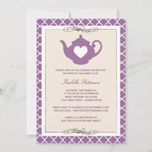 Chic Tan &amp; Purple Teapot Bridal Shower Tea Party Custom Invites