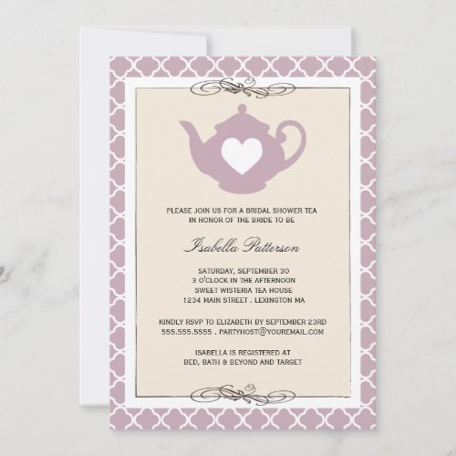 Chic Tan &amp; Purple Teapot Bridal Shower Tea Party Personalized Announcement