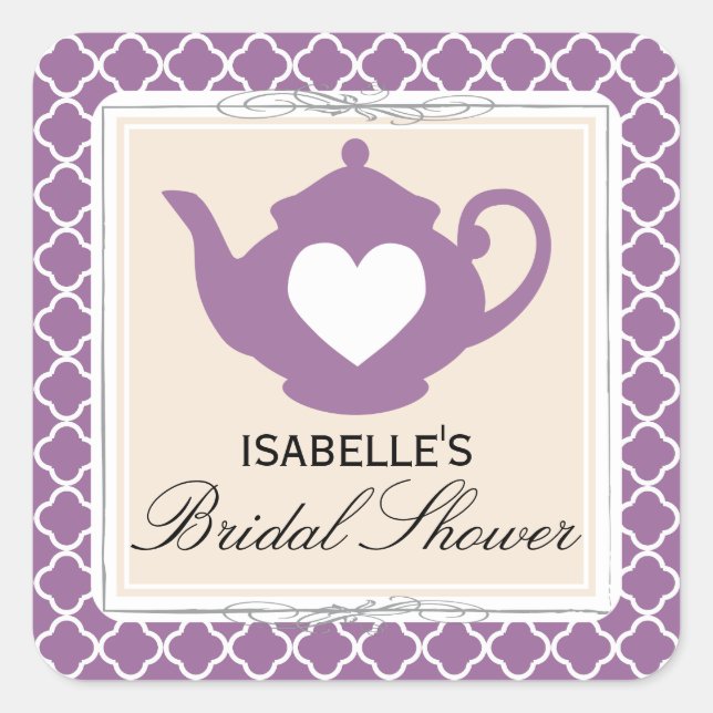 Chic Tan & Purple Teapot Bridal Shower Tea Sticker (Front)