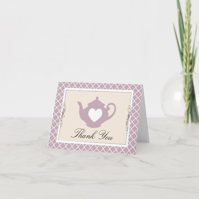 Chic Tan & Purple Teapot Trellis Thank You Card (Front)