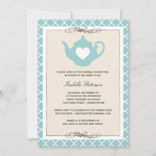 Chic Tan &amp; Teal Teapot Bridal Shower Tea Party Personalized Announcements